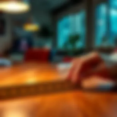 Measuring Space with a Ruler A person holding a ruler and measuring the distance on a table to check if the space is sufficient, showing clear measurements on the ruler.