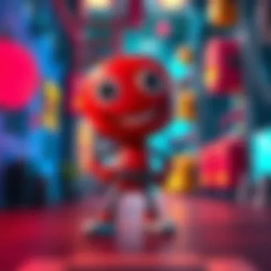 A quirky animated character with a fun design, standing confidently with a smile, showcasing its unique features in a colorful gaming environment.