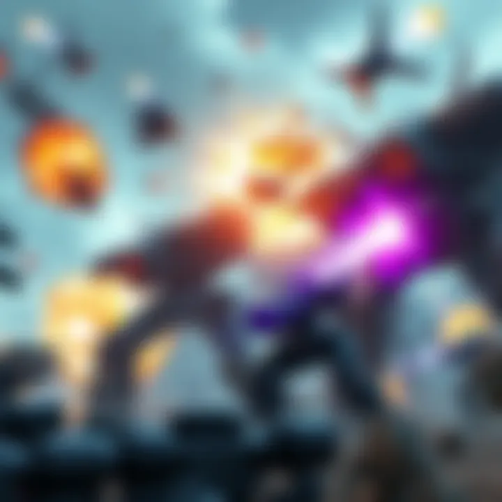 A dynamic scene showing giant mechs in combat, with explosions and vibrant graphics, representing the energy of Steel Bounty.