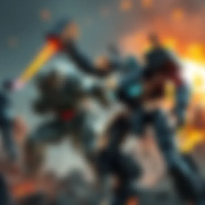 A mech wielding a hammer battles against a high-tech machine in an intense showdown.