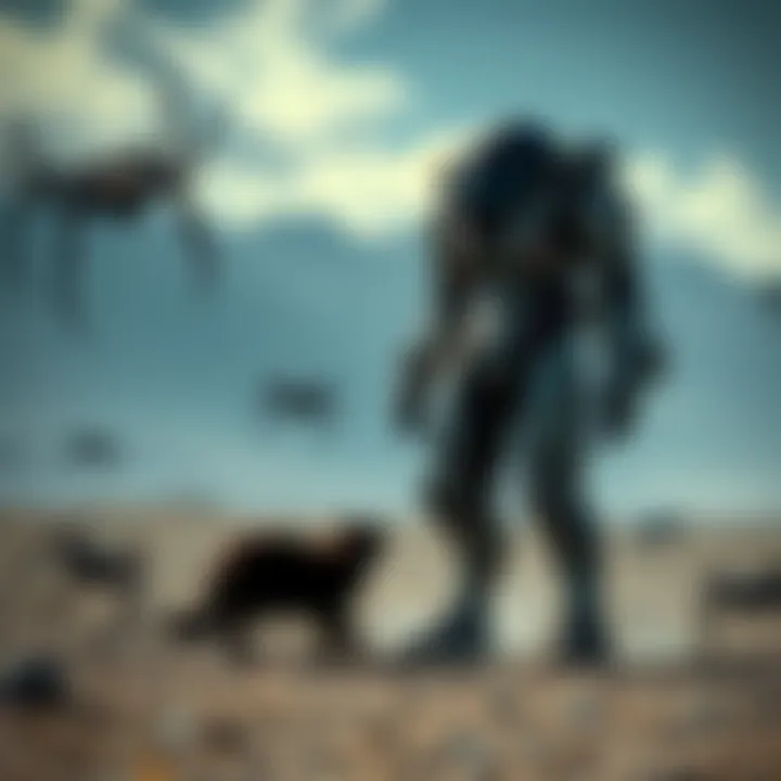 A futuristic mech suit stands in a barren landscape, surrounded by eerie spider-nests and a shadowy cat lurking nearby.