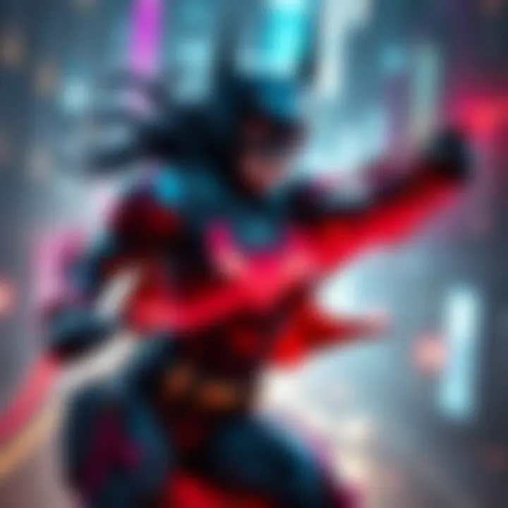 A futuristic version of Batwoman with advanced mecha technology, poised in a dynamic superhero stance.