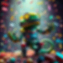 A colorful chameleon robot character celebrating its success with confetti and game icons around it, representing the game's sales achievement.