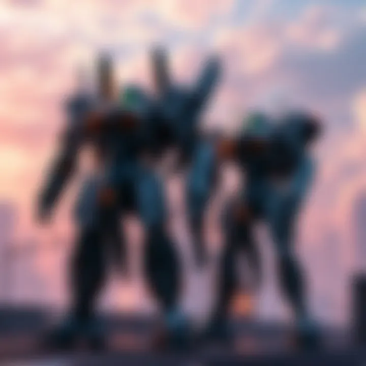 Two mecha robots standing in a futuristic cityscape, showcasing designs similar to Titanfall and classic anime.