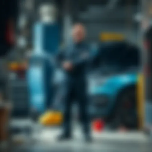 A mechanic stands beside a car in a garage, looking amused while holding a wrench. Tools and parts are scattered around, showcasing a humorous scene of auto repair struggles.