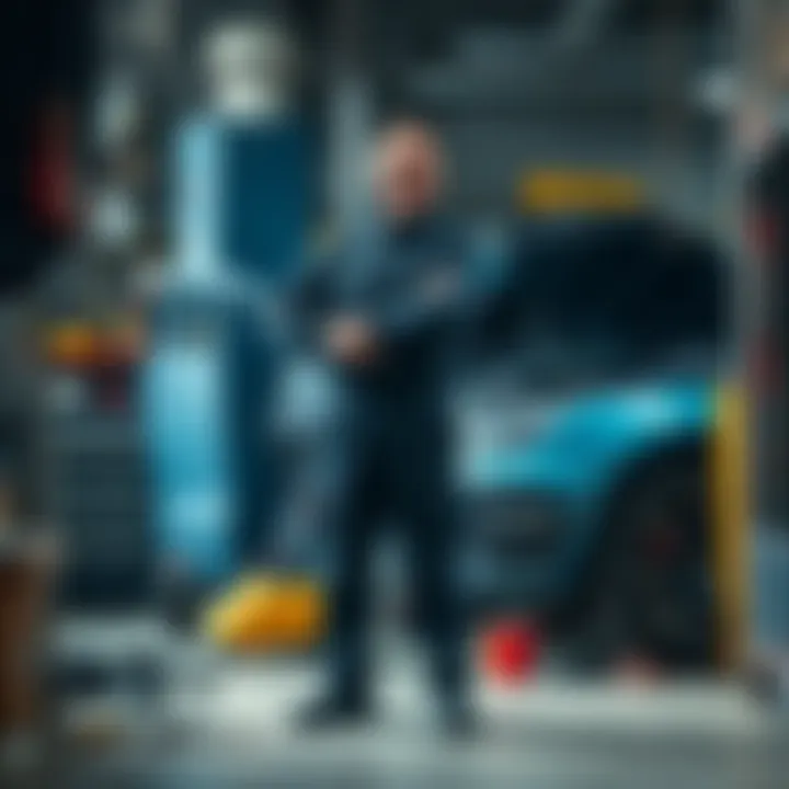 A mechanic stands beside a car in a garage, looking amused while holding a wrench. Tools and parts are scattered around, showcasing a humorous scene of auto repair struggles.