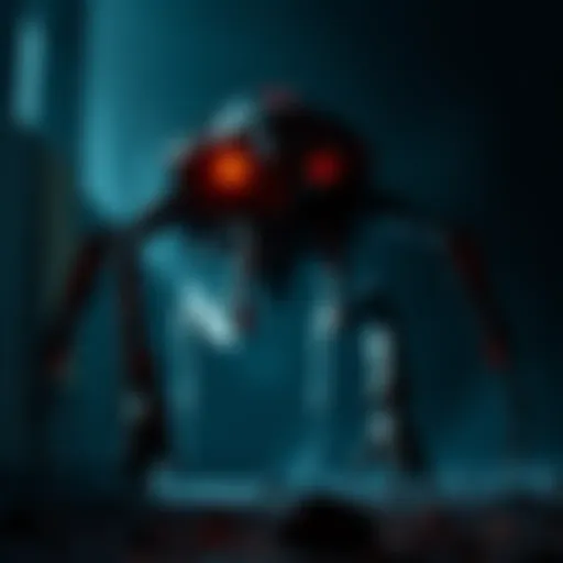 A terrifying mechanical Gekko with long legs and glowing eyes, standing in a dark environment, ready to attack.