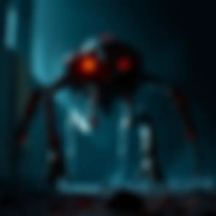 Mechanical Gekko from MGS4 A terrifying mechanical Gekko with long legs and glowing eyes, standing in a dark environment, ready to attack.