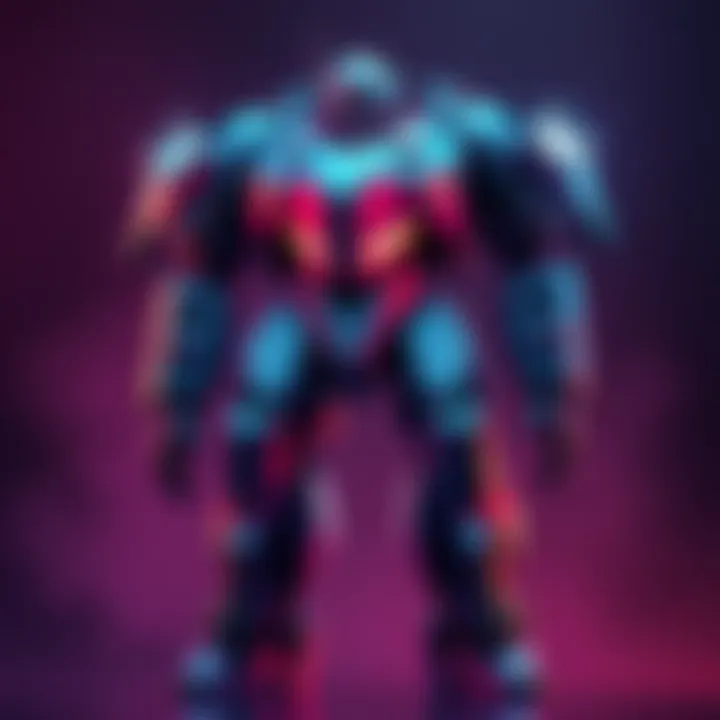 A futuristic mech standing in a dynamic pose with sleek armor and vibrant colors, showcasing innovative design inspired by gaming aesthetics.