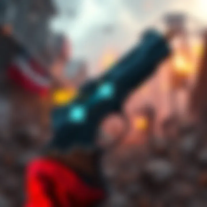 Close-up of a medic handgun displaying a low ammo count, set against a chaotic battlefield background