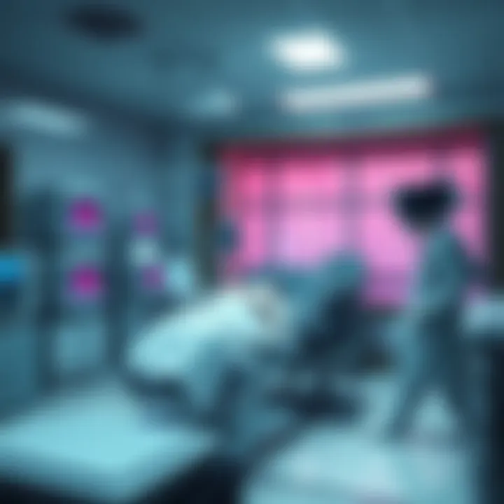 A realistic scene from a medical simulation game showing a doctor examining a patient in a hospital room, with medical equipment around them.