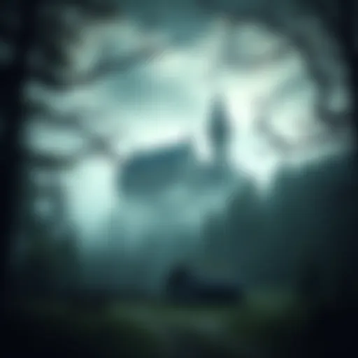 An eerie medieval landscape with a dark, misty forest and a haunted castle in the background, creating a chilling atmosphere for a survival horror game.