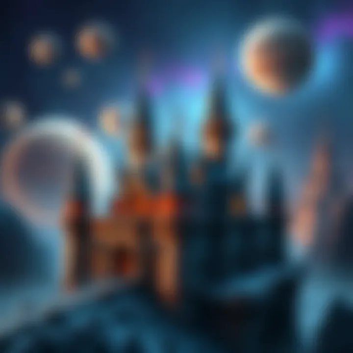 A medieval castle floating in space with stars and planets in the background, showcasing a blend of ancient architecture and futuristic elements.