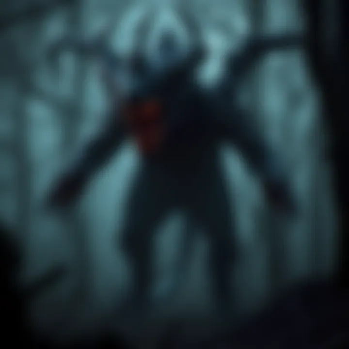 Medieval Fantasy Creature A dark, monstrous creature lurking in a shadowy forest, representing alternative fears in a medieval fantasy story.