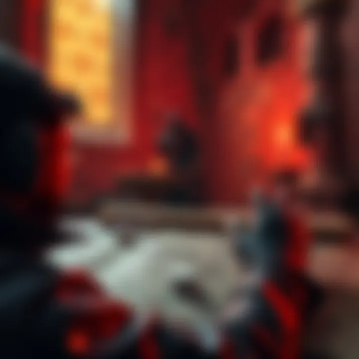 Medieval Game Choices A gamer interacting with a medieval map and making text-based choices, with a vampire character lurking in the background.