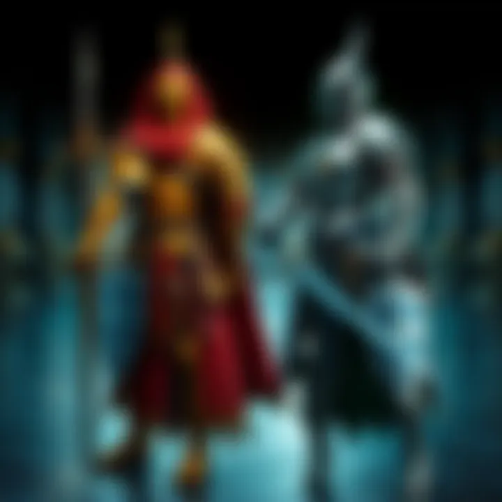 A side-by-side view of Galatine Prime and Dagath skins, showcasing their medieval knight designs with armor and weapons in a gaming setting.