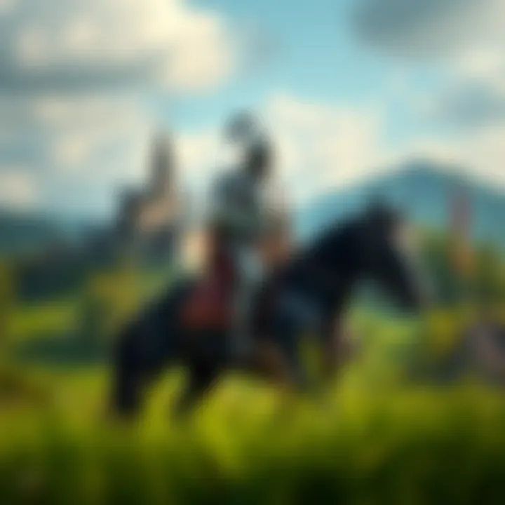 A medieval knight in armor riding a horse through a lush green landscape with a castle in the background.