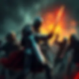 A knight in armor fights off a group of zombies with a sword in a dark, medieval landscape