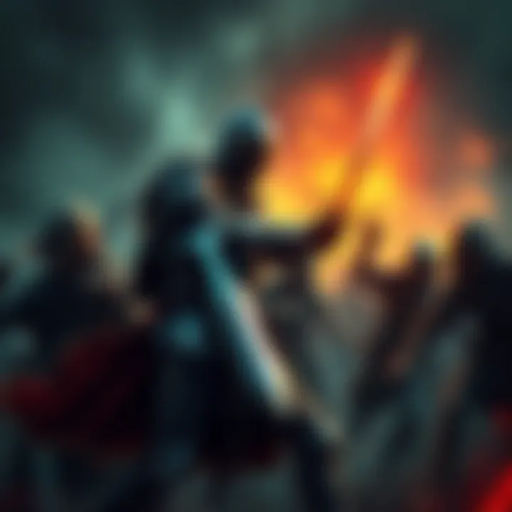 A knight in armor fights off a group of zombies with a sword in a dark, medieval landscape