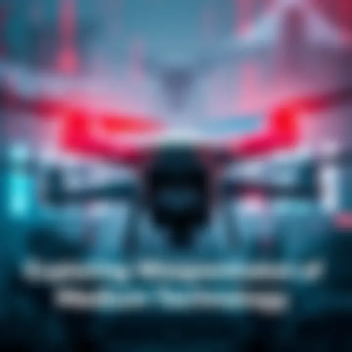 Medium Technology and Security A conceptual image showing medium technology devices like drones and communication devices with a military backdrop, symbolizing security risks and benefits.