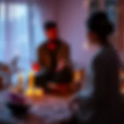 A medium conducting a session with a client in a serene environment, using crystals and candles to enhance the spiritual connection.