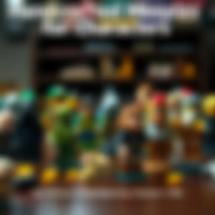 Handcrafted Meeples for Characters A selection of unique handcrafted meeples representing various characters from the MM universe, displayed on a table.