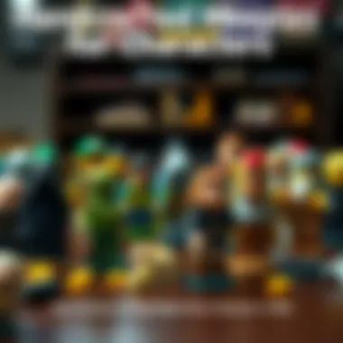 Handcrafted Meeples for Characters A selection of unique handcrafted meeples representing various characters from the MM universe, displayed on a table.