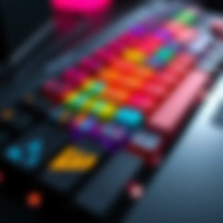 A close-up view of vibrant Meepo keycap designs showcasing various colors and patterns on a mechanical keyboard