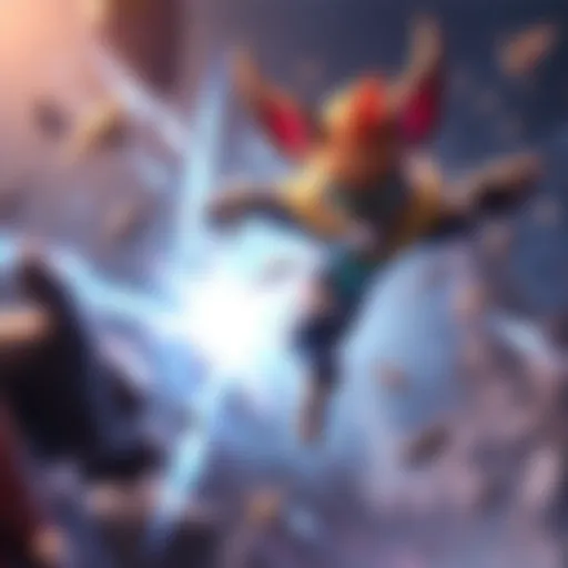 A vibrant depiction of Meepo, a character known for his agility and strategy, showcasing his skills in a battle scene with energy effects around him.