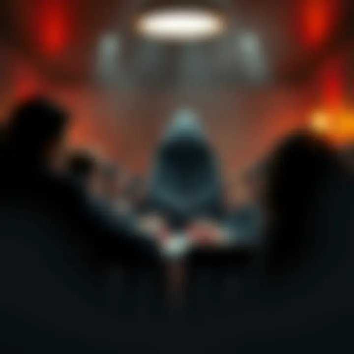 A group of people engaged in a discussion with El Sueno, a character known for his commanding presence, in a tense setting. The atmosphere is serious, reflecting the high stakes of their meeting.