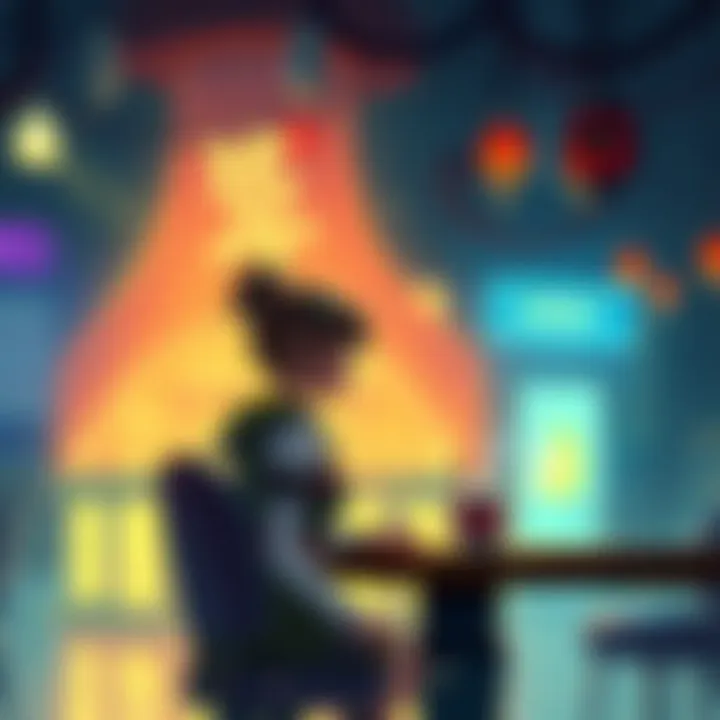 Meeting Hanako at Embers A scene showing a character contemplating a meeting with Hanako at a lively Ember bar, with other quests and tasks in the background.