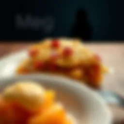 A plate of peach cobbler next to a fork, with a silhouette of a woman pondering in the background.