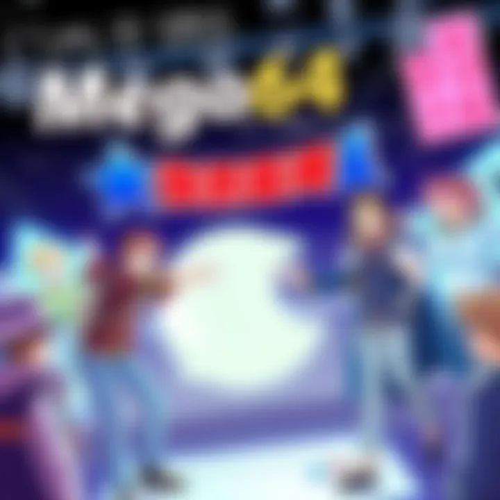 A fun scene showing Mega64 characters interacting with popular video game and anime icons from Konami and Funimation.