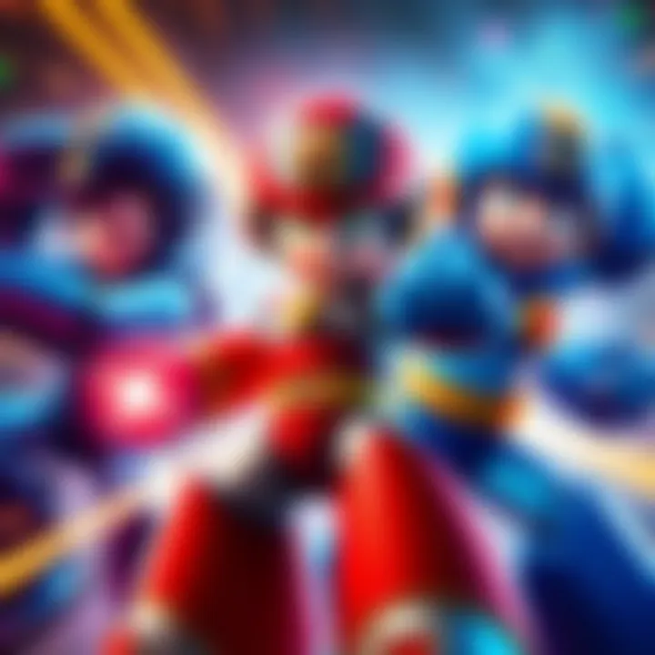 Characters resembling MegaMan in action poses, showcasing vibrant colors and dynamic backgrounds
