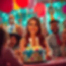 Meg celebrating her birthday with friends at a lively party full of laughter and decorations.