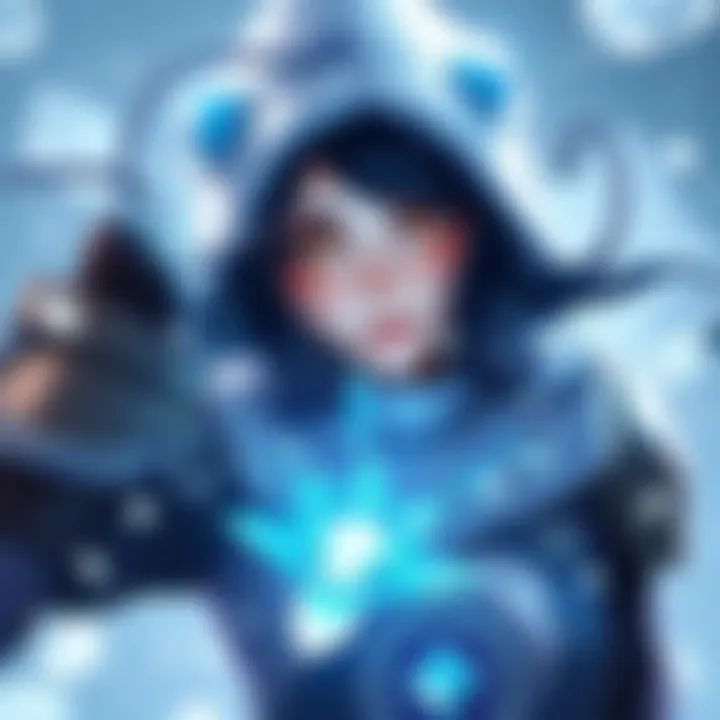 A portrayal of Mei, a character known for her ice abilities, surrounded by frost and ice effects, showcasing her unique style and gameplay strategies.