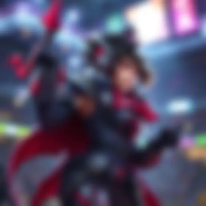 A character resembling Mei wearing vampire-themed armor, showing off her unique abilities in a competitive gaming stadium.