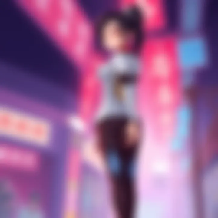 Illustration of Mei showing her unusual posture while standing, emphasizing concerns about scoliosis in her design.