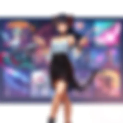 A character named Mei wearing a stylish skirt, surrounded by colorful fan art creations, showcasing various artistic interpretations.