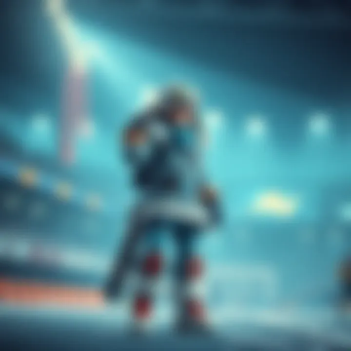 A character resembling Mei from a game, sporting winter gear, stands confidently in a stadium, ready for battle against competing players.