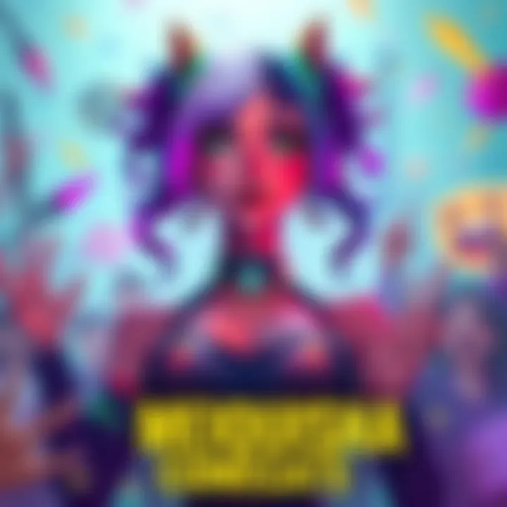 Meiquisha Character Art Colorful illustration of Meiquisha, a popular character in gaming, showcasing her unique skin design with vibrant colors, surrounded by fans expressing excitement.