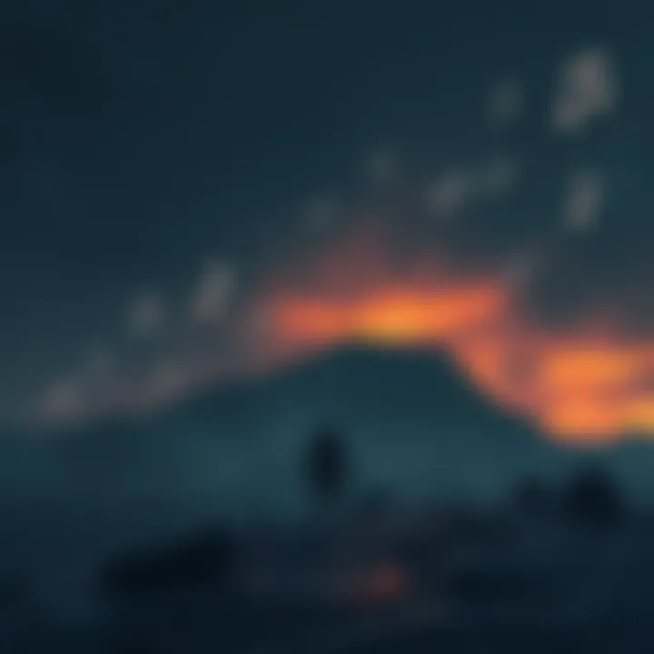 A visual representation of a character standing in a desolate landscape with a somber expression, surrounded by a dark sky and haunting music notes floating around, symbolizing deep emotions.
