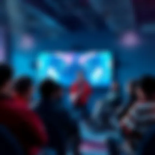 A game designer explains changes to melee combat in a forum setting with players listening attentively.