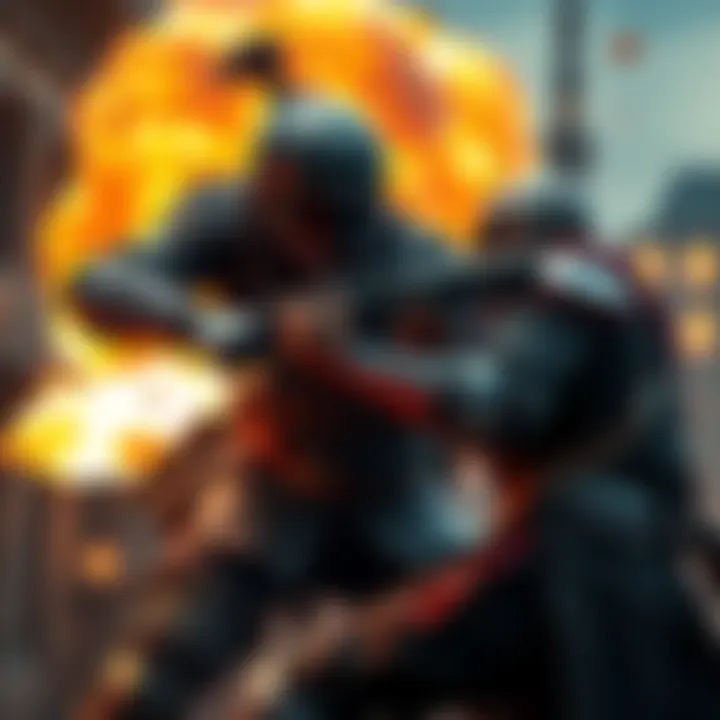 A warrior in close combat, facing an enemy while dodging an explosive attack, showcasing intense melee action.