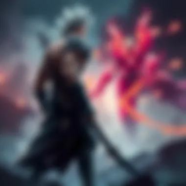 Melee Offlaner Facing Ranged Spellcaster A melee offlaner, depicted as a muscular warrior, stands ready to engage a ranged spellcaster, who appears as a distant, magical figure casting spells. The scene illustrates the tension between them in a competitive gaming environment.