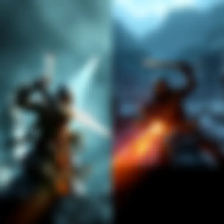 A split-screen image showing a character fighting in first-person view from both Dishonored and Skyrim, displaying different combat styles and environments.