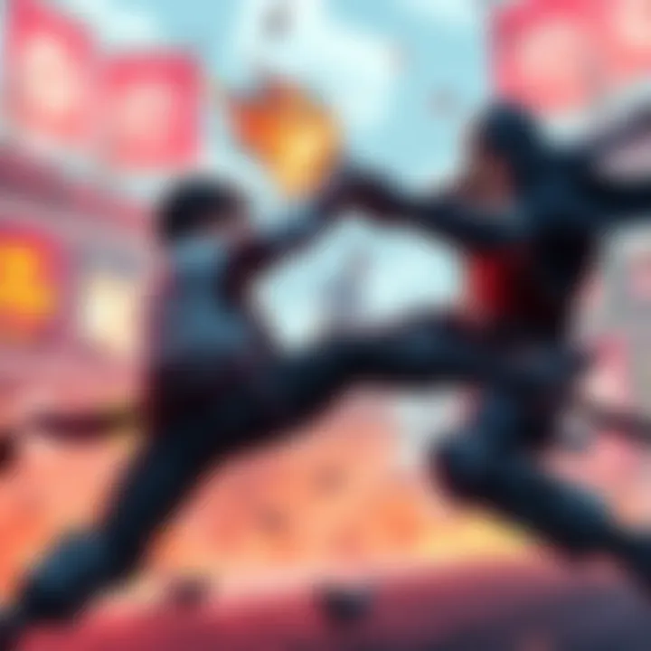 A dynamic scene showcasing a fierce melee combat fight between two characters in a vibrant game environment, featuring engaging actions and dramatic poses.