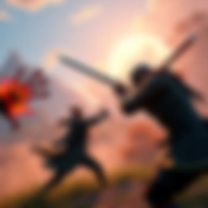 Fierce melee combat scene in a game A character battles an enemy in an open world setting with swords drawn, surrounded by a vibrant landscape.