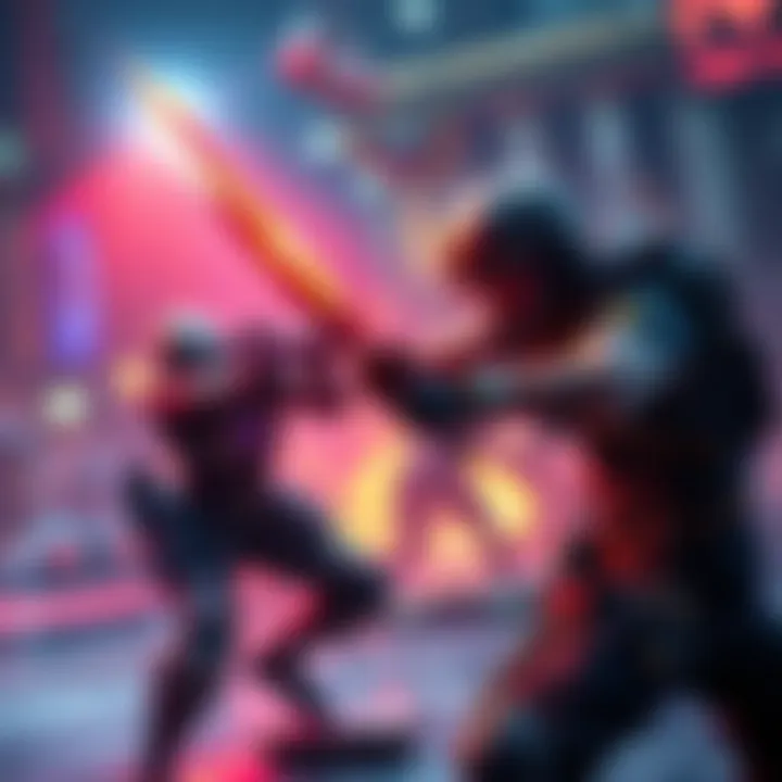 A player attacking an enemy with a melee weapon in a vibrant game environment