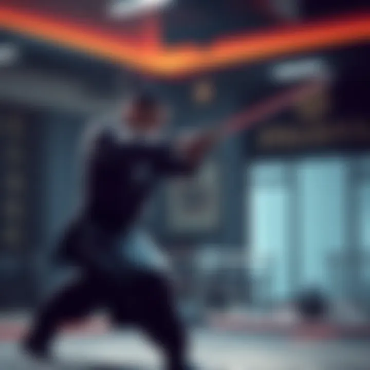 A fighter practicing sword techniques in a martial arts studio with focus on movement and stance